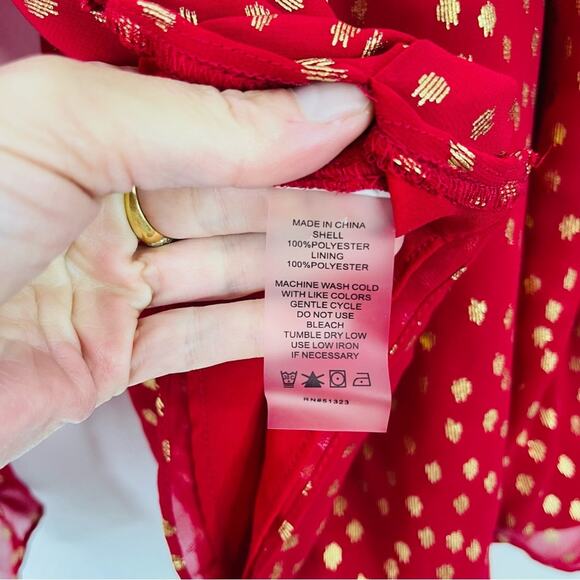 Vince Camuto red gold dot ruffle high neck holiday Christmas top small - Picture 9 of 9